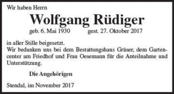 Traueranzeige von Wolfgang Rüdiger  von Magdeburger Volksstimme