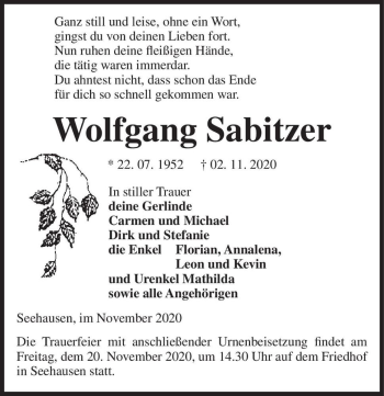 Traueranzeige von Wolfgang Sabitzer  von Magdeburger Volksstimme