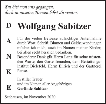 Traueranzeige von Wolfgang Sabitzer  von Magdeburger Volksstimme