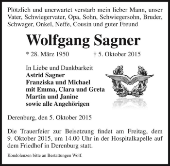 Traueranzeige von Wolfgang Sagner  von Magdeburger Volksstimme