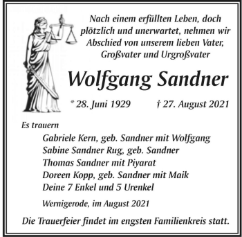 Traueranzeige von Wolfgang Sandner  von Magdeburger Volksstimme