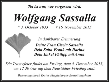 Traueranzeige von Wolfgang Sassalla  von Magdeburger Volksstimme