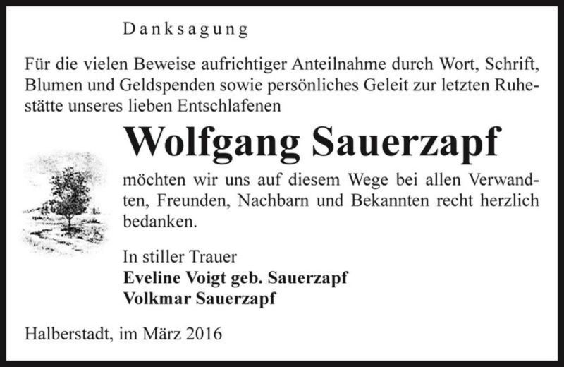  Traueranzeige für Wolfgang Sauerzapf  vom 19.03.2016 aus Magdeburger Volksstimme