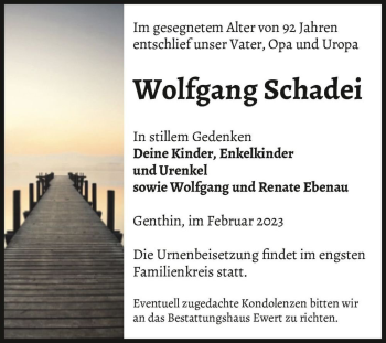 Traueranzeige von Wolfgang Schadei  von Magdeburger Volksstimme