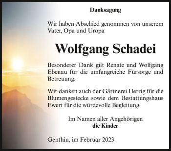 Traueranzeige von Wolfgang Schadei  von Magdeburger Volksstimme