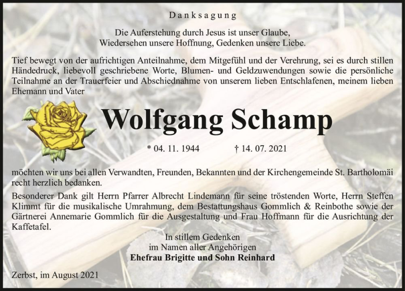  Traueranzeige für Wolfgang Schamp  vom 14.08.2021 aus Magdeburger Volksstimme