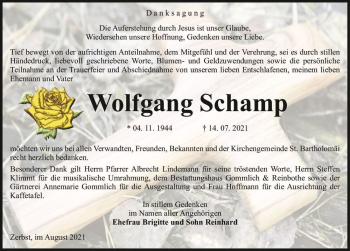 Traueranzeige von Wolfgang Schamp  von Magdeburger Volksstimme