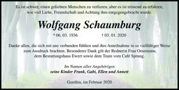 Traueranzeige von Wolfgang Schaumburg  von Magdeburger Volksstimme