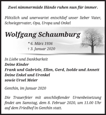 Traueranzeige von Wolfgang Schaumburg  von Magdeburger Volksstimme