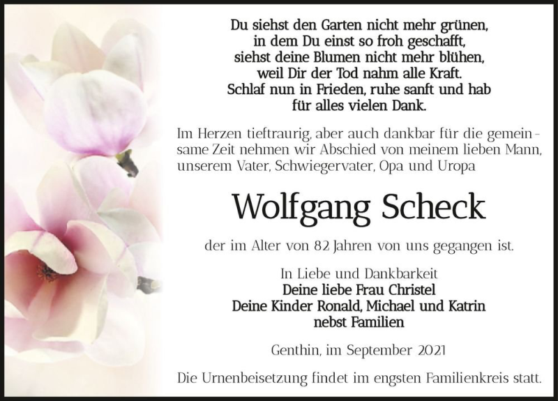  Traueranzeige für Wolfgang Scheck  vom 11.09.2021 aus Magdeburger Volksstimme