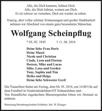Traueranzeige von Wolfgang Scheinpflug  von Magdeburger Volksstimme