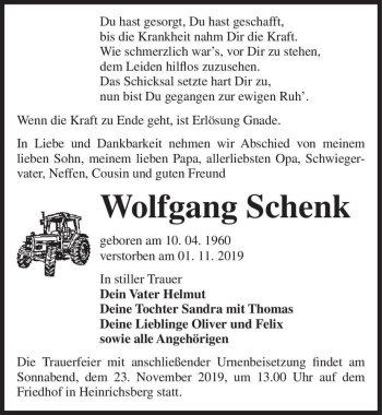 Traueranzeige von Wolfgang Schenk  von Magdeburger Volksstimme