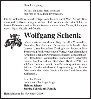 Traueranzeige von Wolfgang Schenk  von Magdeburger Volksstimme