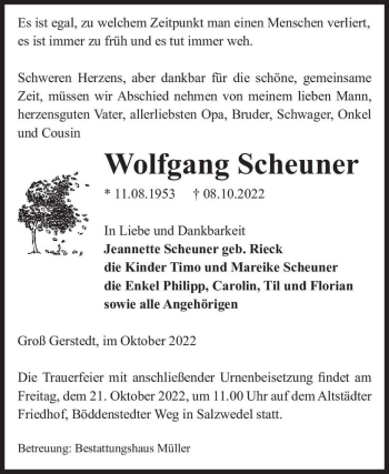 Traueranzeige von Wolfgang Scheuner  von Magdeburger Volksstimme