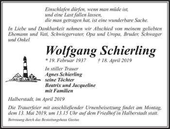 Traueranzeige von Wolfgang Schierling  von Magdeburger Volksstimme