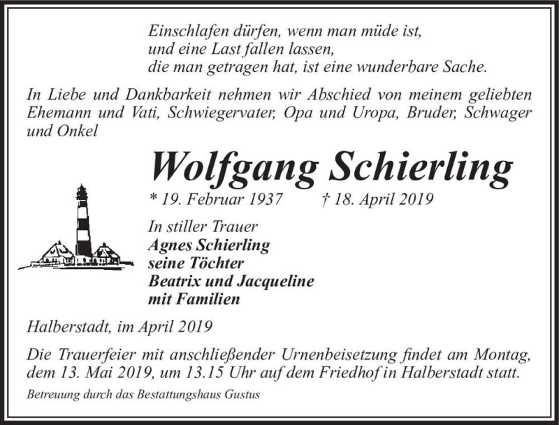  Traueranzeige für Wolfgang Schierling  vom 27.04.2019 aus Magdeburger Volksstimme