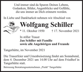 Traueranzeige von Wolfgang Schiller  von Magdeburger Volksstimme