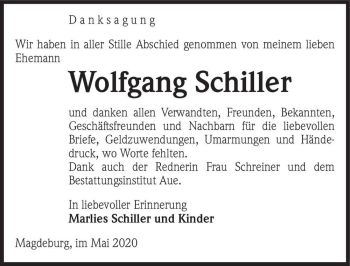 Traueranzeige von Wolfgang Schiller  von Magdeburger Volksstimme