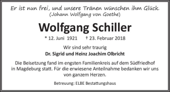 Traueranzeige von Wolfgang Schiller  von Magdeburger Volksstimme