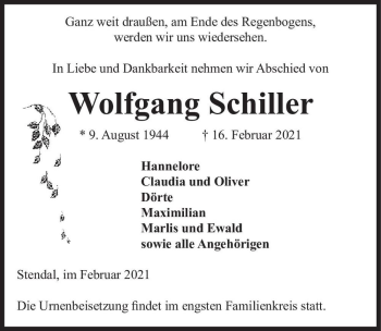 Traueranzeige von Wolfgang Schiller  von Magdeburger Volksstimme