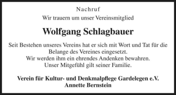 Traueranzeige von Wolfgang Schlagbauer  von Magdeburger Volksstimme