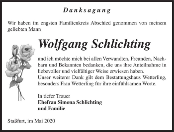 Traueranzeige von Wolfgang Schlichting  von Magdeburger Volksstimme
