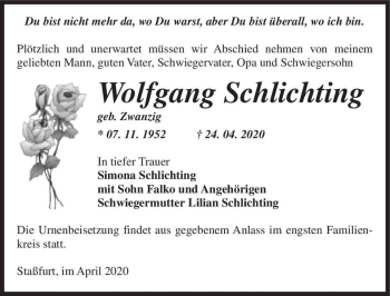 Traueranzeige von Wolfgang Schlichting (geb. Zwanzig)  von Magdeburger Volksstimme