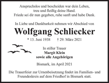 Traueranzeige von Wolfgang Schliecker  von Magdeburger Volksstimme