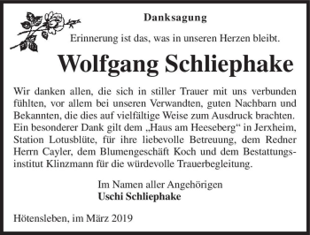 Traueranzeige von Wolfgang Schliephake  von Magdeburger Volksstimme