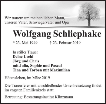 Traueranzeige von Wolfgang Schliephake  von Magdeburger Volksstimme