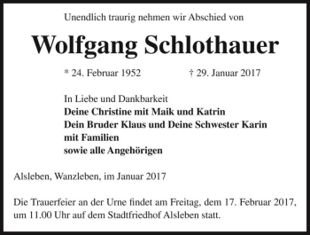 Traueranzeige von Wolfgang Schlothauer  von Magdeburger Volksstimme