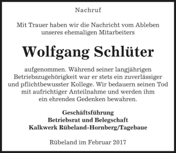 Traueranzeige von Wolfgang Schlüter  von Magdeburger Volksstimme