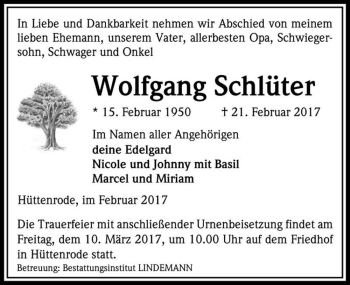 Traueranzeige von Wolfgang Schlüter  von Magdeburger Volksstimme