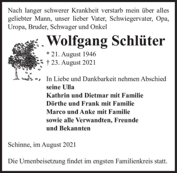 Traueranzeige von Wolfgang Schlüter  von Magdeburger Volksstimme