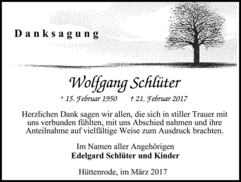 Traueranzeige von Wolfgang Schlüter  von Magdeburger Volksstimme