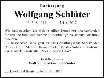Traueranzeige von Wolfgang Schlüter  von Magdeburger Volksstimme