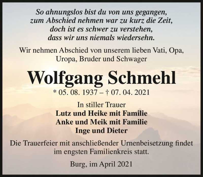  Traueranzeige für Wolfgang Schmehl  vom 17.04.2021 aus Magdeburger Volksstimme