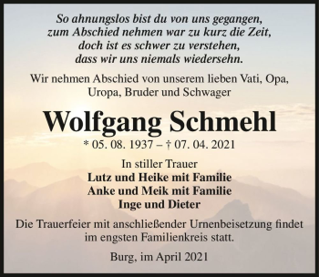 Traueranzeige von Wolfgang Schmehl  von Magdeburger Volksstimme