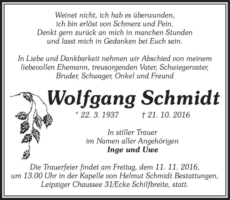  Traueranzeige für Wolfgang Schmidt  vom 29.10.2016 aus Magdeburger Volksstimme