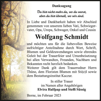 Traueranzeige von Wolfgang Schmidt  von Magdeburger Volksstimme