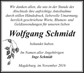 Traueranzeige von Wolfgang Schmidt  von Magdeburger Volksstimme