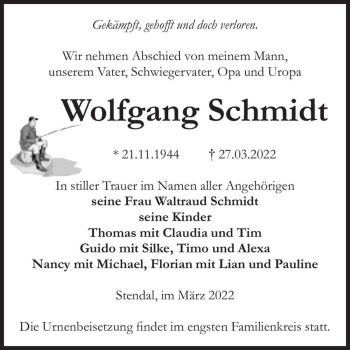 Traueranzeige von Wolfgang Schmidt  von Magdeburger Volksstimme