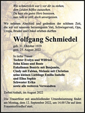 Traueranzeige von Wolfgang Schmiedel  von Magdeburger Volksstimme