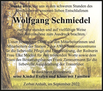 Traueranzeige von Wolfgang Schmiedel  von Magdeburger Volksstimme