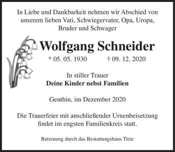 Traueranzeige von Wolfgang Schneider  von Magdeburger Volksstimme