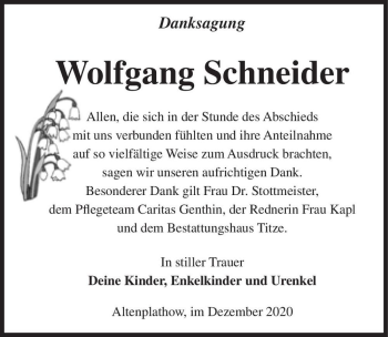 Traueranzeige von Wolfgang Schneider  von Magdeburger Volksstimme