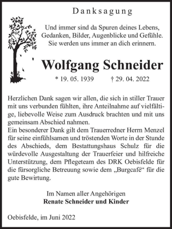 Traueranzeige von Wolfgang Schneider  von Magdeburger Volksstimme