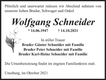 Traueranzeige von Wolfgang Schneider  von Magdeburger Volksstimme