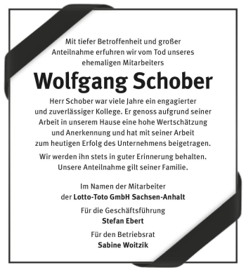 Traueranzeige von Wolfgang Schober  von Magdeburger Volksstimme
