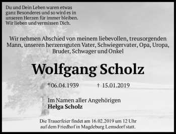 Traueranzeige von Wolfgang Scholz  von Magdeburger Volksstimme